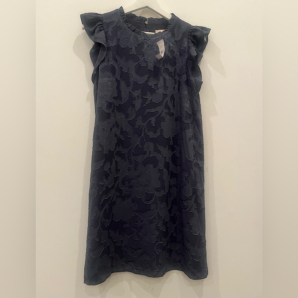 LOFT Steel Blue Floral Dress sz Small ruffle cap Romantic flowy flutter sleeve